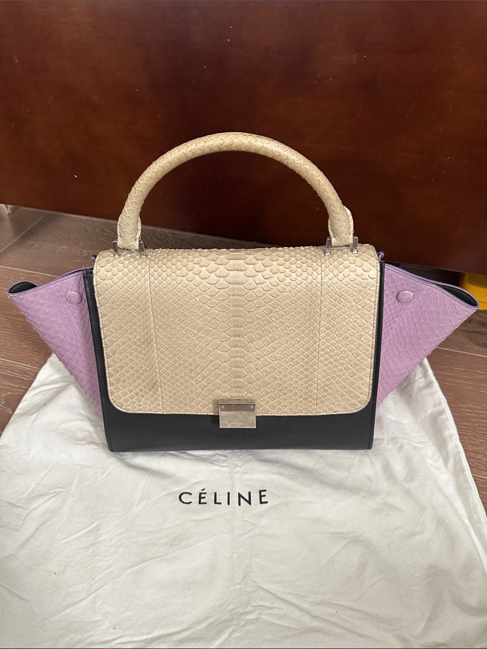 Celine Tri-Panel Top Handle Satchel in Cream, Black & Lilac